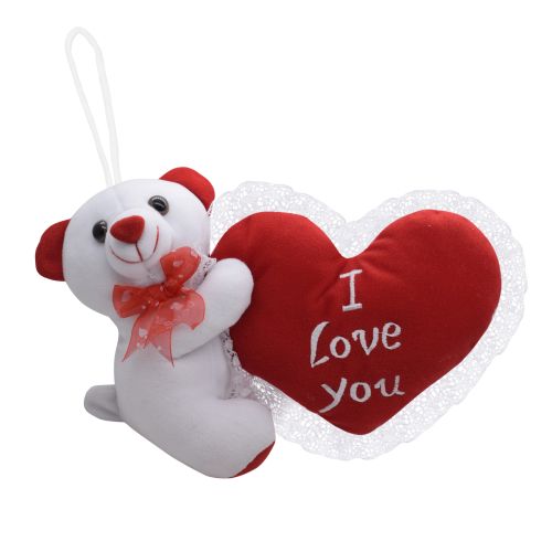 Ultra Valentine Hanging White Plush Stuffed Teddy Bear Holding Red Heart I Love You 8 Inch