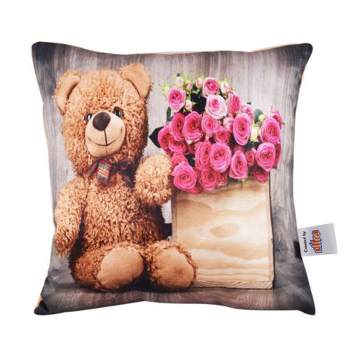 Ultra Charming Teddy Bear and Rose Digital Print Cushion Pillow 12X12 Inch Multicolor